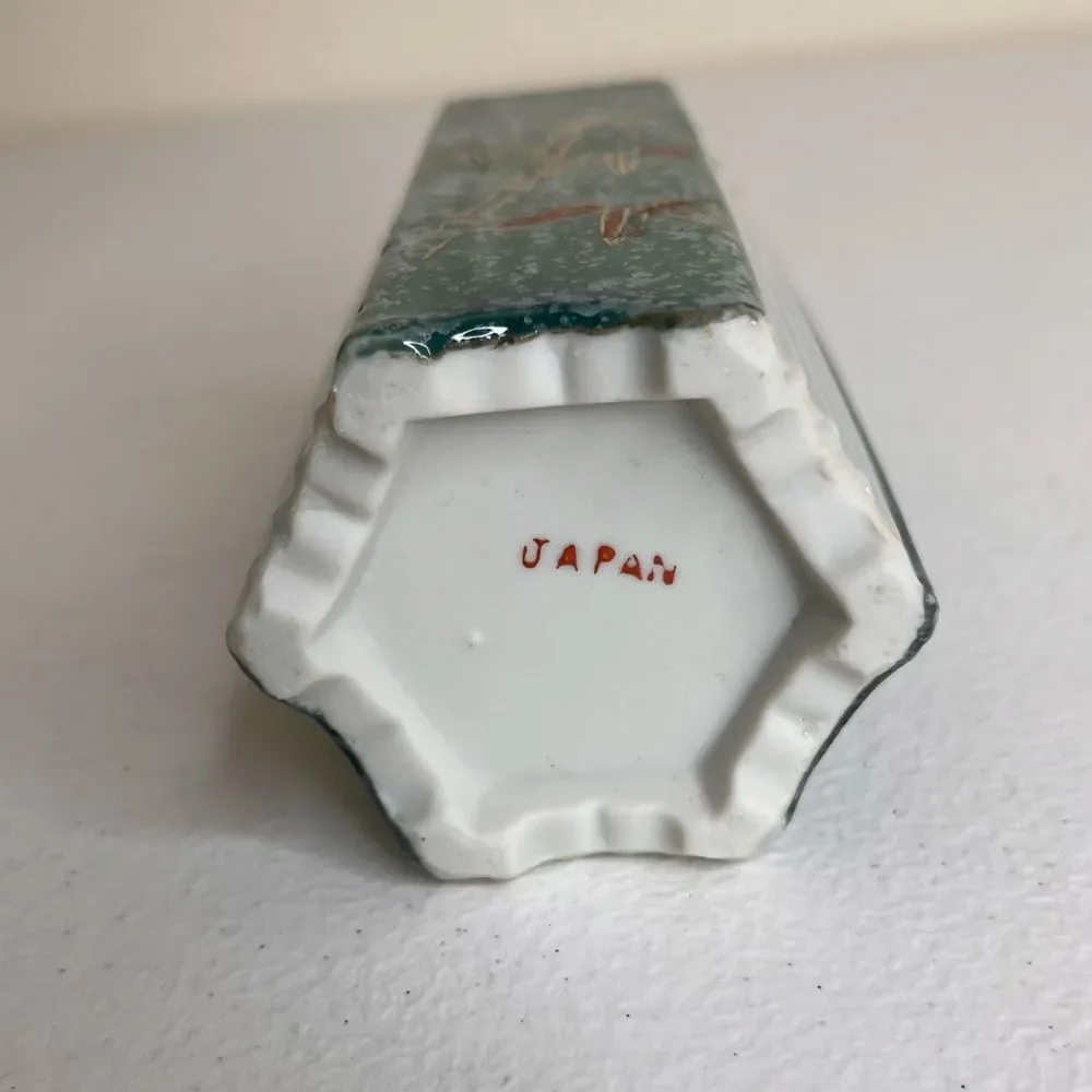 Vintage Hexagon Shape Japanese Vase Bamboo Green Sponge Red Gold Ridged Brown - Picture 8 of 11